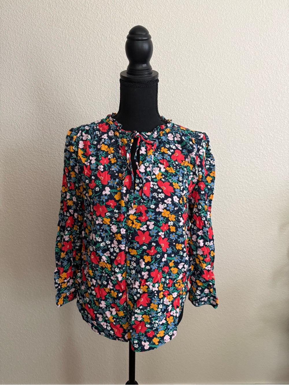 LOFT Navy Floral Tie-Neck Blouse with Red, Yellow & Pink Flowers